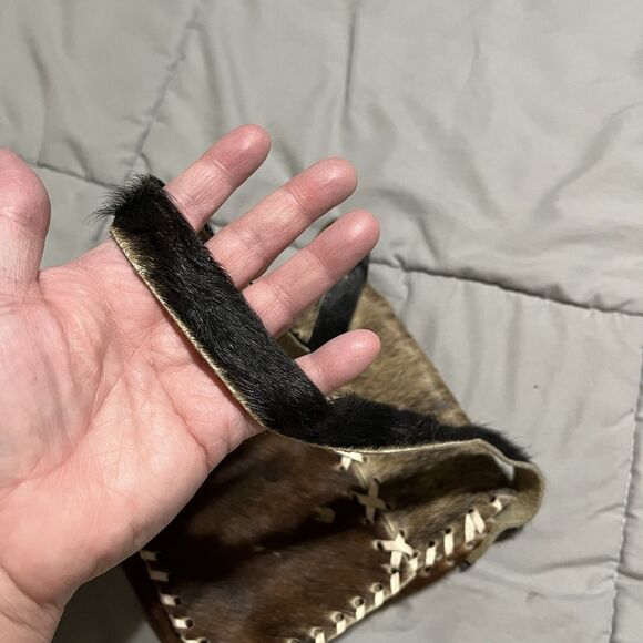 Womens Small Pony Cowhide Handmade Leather Black & Brown White Stitch Bag 7X7 - Picture 8 of 9